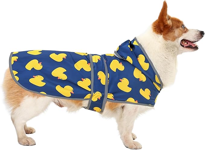 Dog Raincoat for Medium Dogs Waterproof Hooded Rain Jacket with Reflective Strips Leash Hole & Poncho Adjustable Fit (Duck,L)