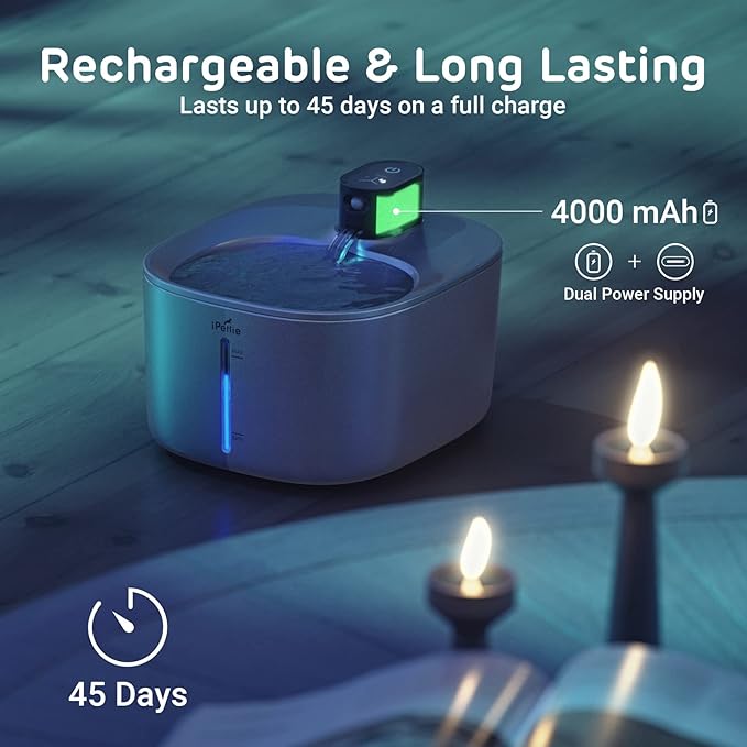 iPettie Runway Battery Cordless Cat Water Fountain Stainless Steel, 1.1Gal/4L Large Capacity, Motion Sensor, 5-Stage Water Filter