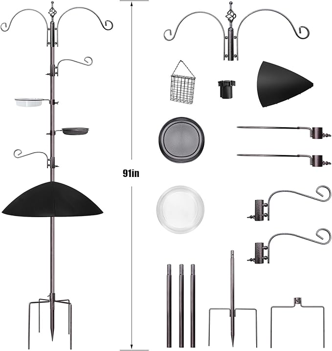 Bird Feeder, 91In Bird Feeder Pole with Squirrel Baffle, Shepherds Hooks for Outdoor Heavy Duty for Attracting Wild Birds, Easy Assembly for Courtyards(Weld, Black 91IN)