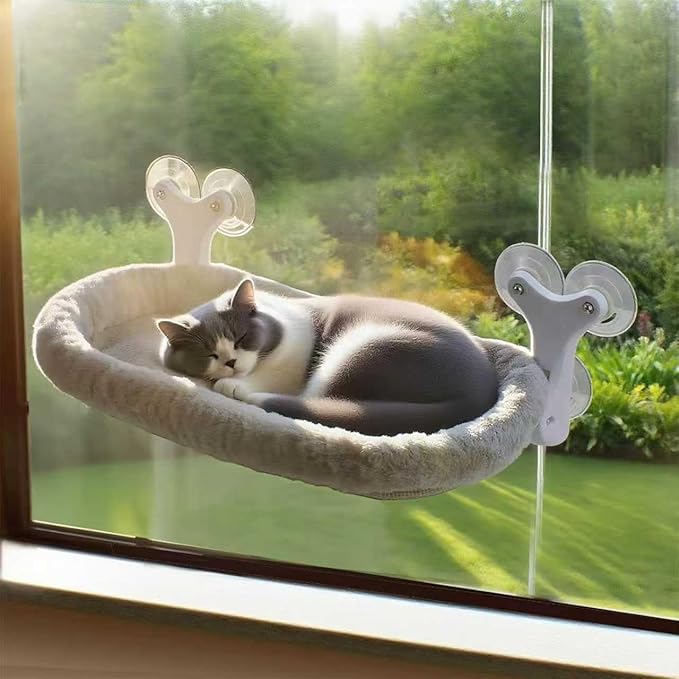 Cat Window Perch with 6 Strong Suction Cups,Mats That can be Switched Between Winter and Summer,Foldable Cordless Cat Beds Can Bear 50LBS Weight (Grey)