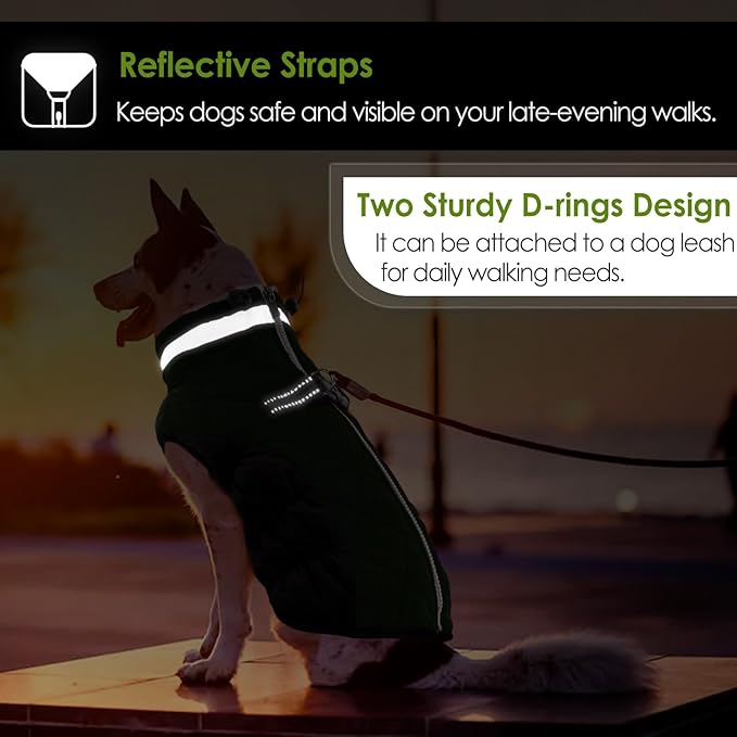 AOFITEE Dog Coat, Warm Dog Winter Coat, Reflective Cold Weather Dogs Puffer Jacket with Harness Built in, Waterproof Pet Fleece Vest Snowsuit for Small Medium Large Dogs, Green L