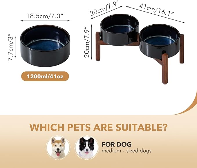 Ceramic 7.3inch Raised Double Dog Bowls Set with Acacia Wood Stand, Food & Water Bowls for Medium Breed Dogs, Weighted Pet Dishes(41oz, Starry Sky)