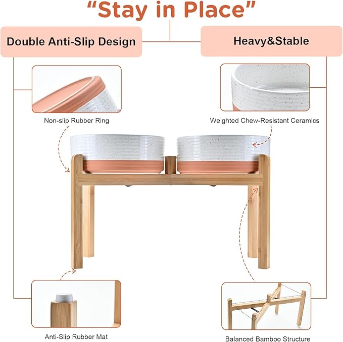 SPUNKYJUNKY Elevated Dog Bowls Ceramic, 8.3'' Dogs Food Water Bowls Raised with Non-Slip Bamboo Stand for Large Sized Breed Microwave Dishwasher Safe - 60 OZ,Pattern White