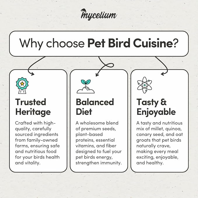 Mycelium Pet Bird Cuisine | Organic Bird Seed for Parakeets, Lovebirds & Small Pet Birds | Vitamin-Enriched Mix with Egg, Millet, Quinoa, Kelp, Oyster Shell | Supports Digestion & Immunity | 5 lb Bag