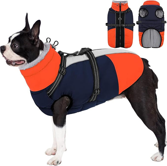 AOFITEE Small Dog Coat, Waterproof Dog Winter Jacket with Harness Built in, Warm Fleece Lined Dogs Jacket for Cold Weather, Reflective Pet Snow Jackets with Zipper for Yorkshire, Schnauzer,Blue S