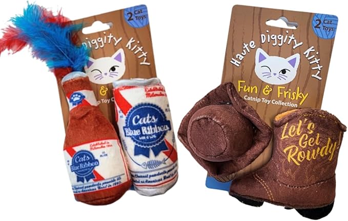 Cats Blue Ribbon + Kitty Cowboy Set, Plush Cat Toys Catnip Filled with Interactive Crackle Sound, Safe & Durable Toys for Cat & Kitten, 4 Pcs