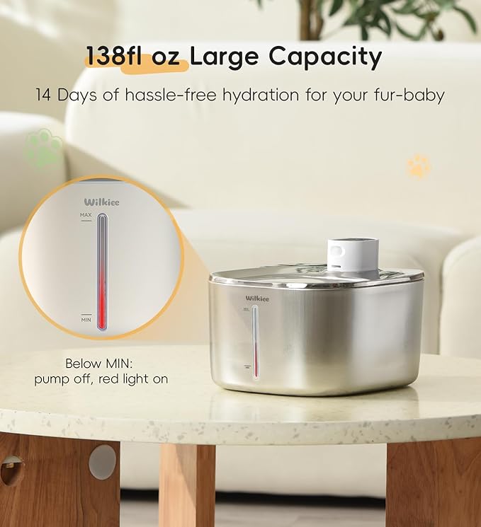 Cat Water Fountain Stainless Steel, 138fl.oz / 4.1L Wireless Cat Fountain, Pet Water Dispenser Cordless for Cats & Dogs Indoor