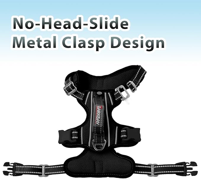 BARKBAY No Pull Dog Harness 3 Buckles Large Reflective Dog Harness with Front Clip and Easy Control Handle for Walking Training Running with ID tag Pocket(Black,L)