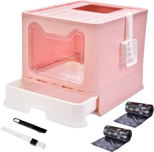 Cat Litter Box with Lid, Top Entry Cat Litter Box Pan, Enclosed Cat Potty, Anti-Splashing Cat Toilet, Foldable Litter Box Large Covered Cat Supplies with Scoop Brush and Garbage Bag
