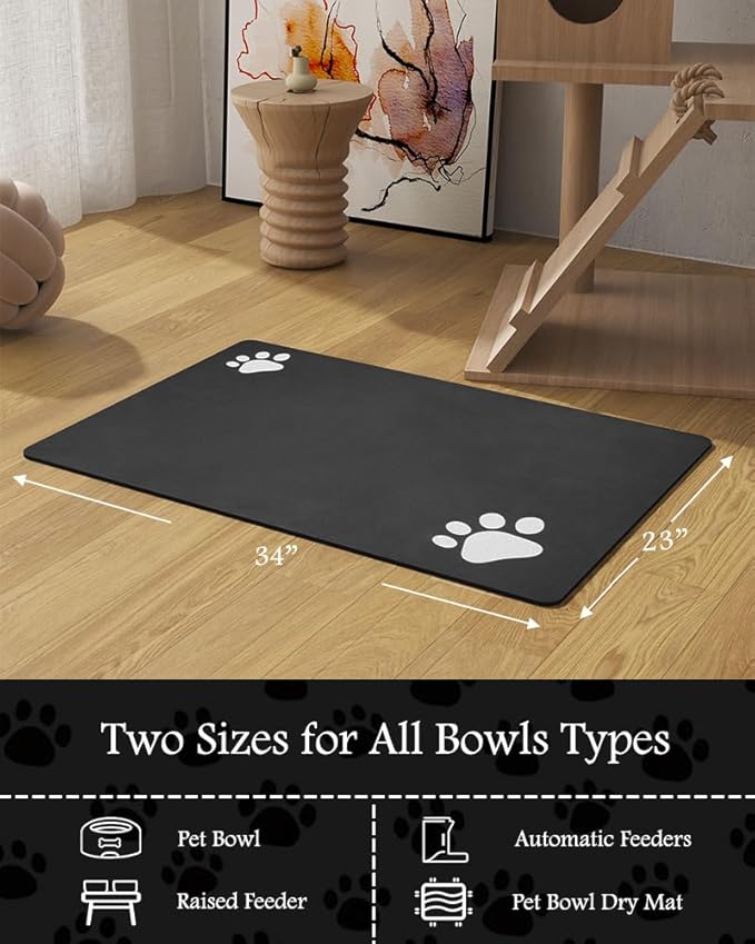 Pet Feeding Mat-Absorbent Dog Mat for Food and Water Bowl-No Stains Quick Dry Water Dispenser Mat-Dog Accessories Pet Supplies-Bowl for Messy Drinkers（Black,23"x34"