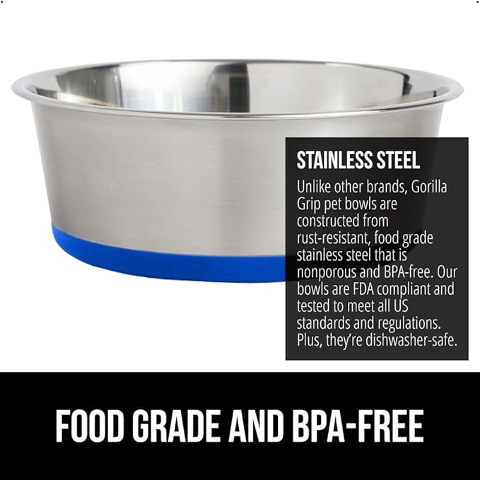 GORILLA GRIP Set of 2 Dog Bowls, Holds 8 Cups (64 fl oz), Heavy Duty Metal Food and Water Bowl for Feeding Dogs and Cats, Dishwasher Safe, Rust Resistant Stainless Steel, BPA Free Rubber Base, Blue