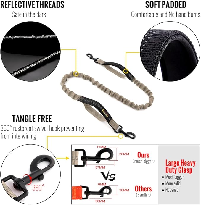Plutus Pet Hands Free Retractable Bungee Leash with Reflective Stitches, Dual Handle Adjustable Waist Leash for Dog Walking, Running, Jogging, Medium Large Dogs
