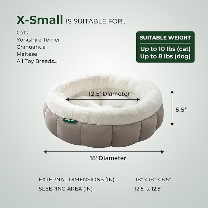 BALANCE Cat Beds for Indoor Cats, Washable Round Cat Bed, Cute Kitten Bed with Anti-Slip Bottom for Kitty and Puppy, 18 Inches, Goat