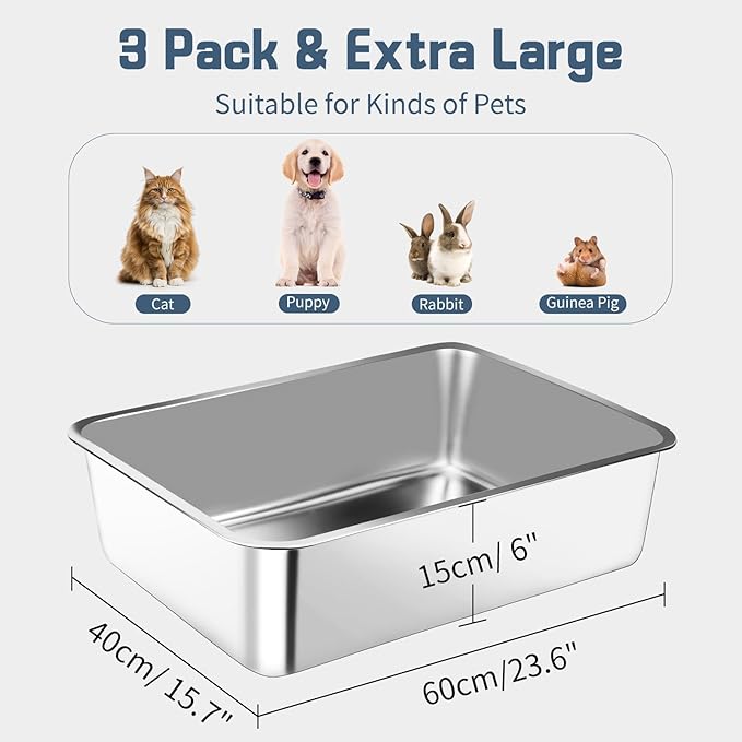 Stainless Steel Litter Box, 3 Pack 23.6" X 15.7" X 5.9" XL Metal High Sided Cat Litter Pan, Extra Large Stainless Steel Box Splash-Proof and Non-Stick Cat Poop Box odorless