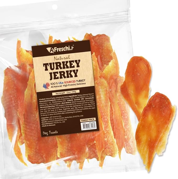 AFreschi Turkey Jerky Dog Treats –12 oz, USA-Sourced Trukey, All-Natural, Hypoallergenic, High-Protein, Low-Fat, Healthy & Easily Digestible, Puppy & Training Snack