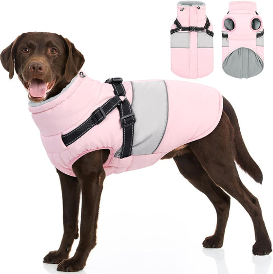 SUNFURA Dog Coat for Large Dogs, Warm Pet Jacket Winter with Harness Built in, Waterproof Pet Snow Jacket with Furry Collar, Reflective Fleece Snowsuit for Extra Large Dogs, Pink XL