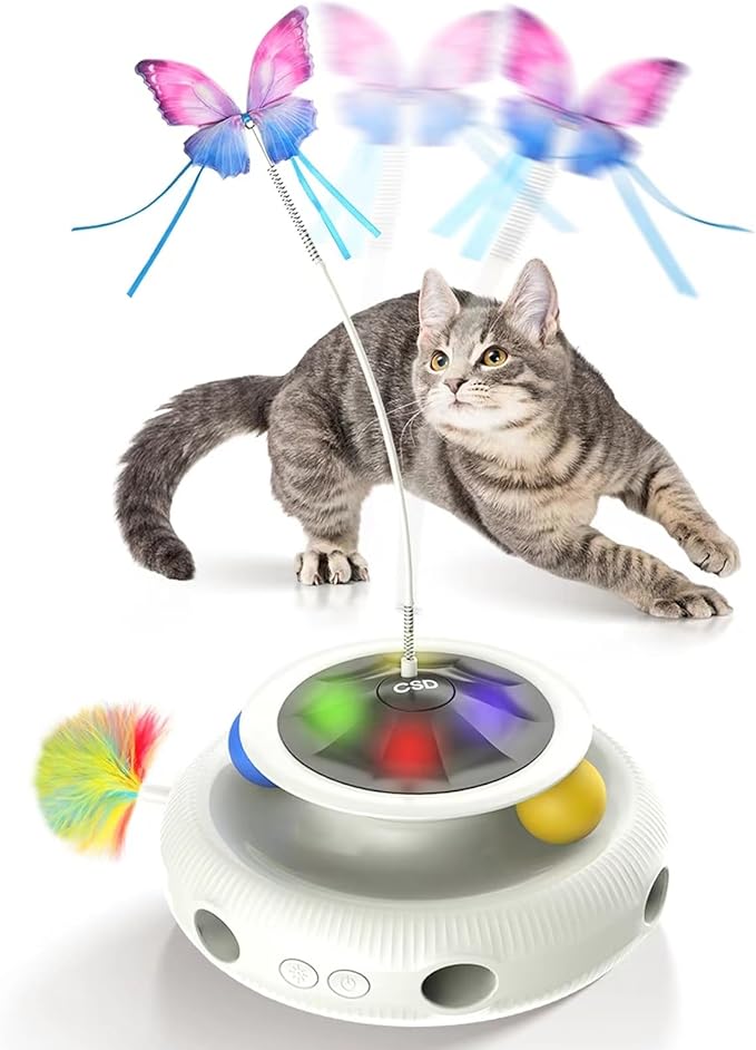 Automatic Interactive Cat Toys for Indoor Cats & Bored Adults - Kitten Toys with Fluttering Butterfly, Ambush Feather & Track Balls - Exercise & Stimulation for Playful Cats (Beige)