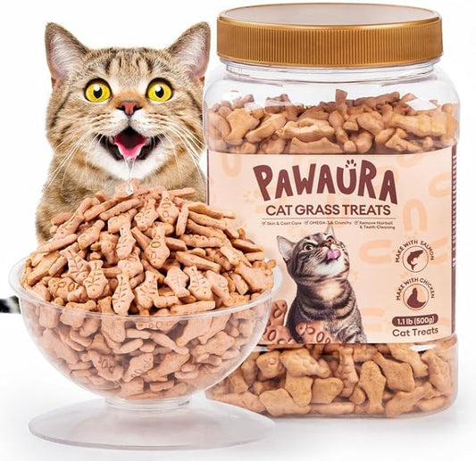 17.63oz Cat Grass Treats for Hairball Control – Natural Salmon & Cat Grass & Catnip Biscuits, Low-Calorie Healthy Snacks for Indoor Cats, Digestive & Dental Care