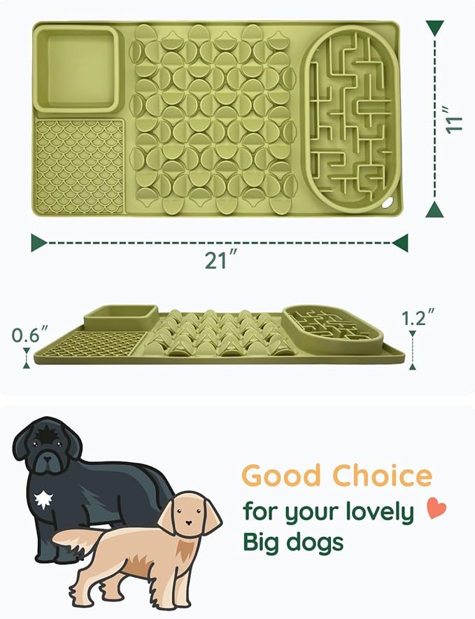 Slow Feeder Bowl for Large Dog, Silicone Lick Mat & Snuffle Mat with Suction Cups - Interactive Puzzle Feeder to Slow Eating & Keep Busy, Reduce Vomiting & Relieve Boredom (21"x 11" Green)