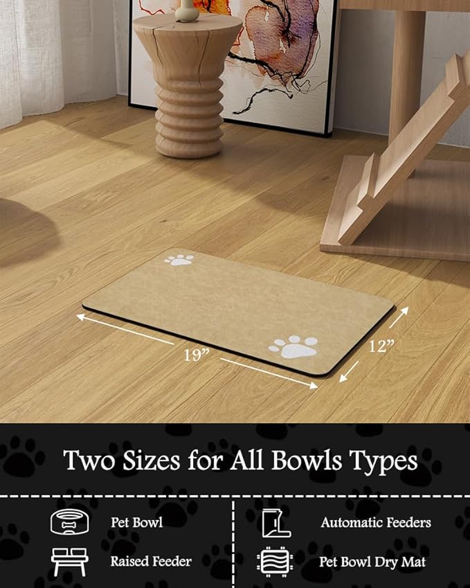 Pet Feeding Mat-Absorbent Dog Mat for Food and Water Bowl-No Stains Quick Dry Water Dispenser Mat-Dog Accessories Pet Supplies-Bowl for Messy Drinkers（Beige,12"x19"