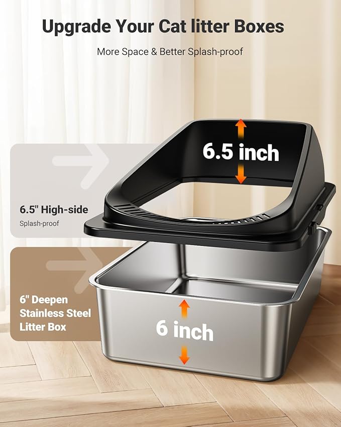 Stainless Steel Cat Litter Box with Scoop, Metal Litter Box High Sided, Cat Litter Box Enclosure, XL Extra Large High-Sided Litter Boxs (Anti-Urine Leakage, Include Scoop) (Black)