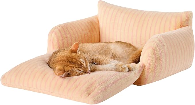 Hollypet Cat Bed Fluffy Plush Mutifuctional Double-Layer Soft Pet Couch Orthopedic Sofa Nest Beds for Small Cats and Dogs, Pink Stripes (21x15x8 inch)
