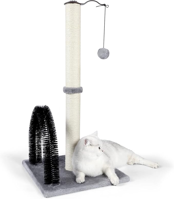 ANWA Tall Cat Scratching Post with Arch Self Groomer Massager, 32" Scratching Post for Indoor Cats from Kitten to Adult Cats, Stable Sisal Cat Post with Extra Interactive Dangling Plush Toy