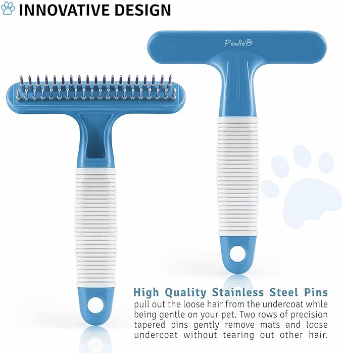 POODLIE Poodle Pet Dog Grooming Rake | Dematting Tool with Stainless Steel Shedding Comb for Pets | 2 Rows of Pins Gently Remove Loose or Tangled Hair from Undercoat (Blue)