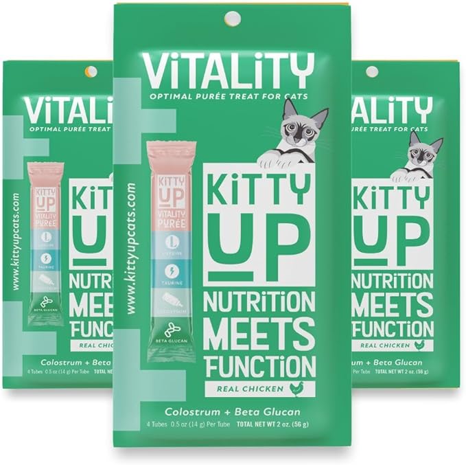 Lickable Cat Treats - Vitality Chicken Puree Squeeze Tubes with Lysine, Taurine & Beta Glucan | Immune Support for Indoor Cats (12 Pack)