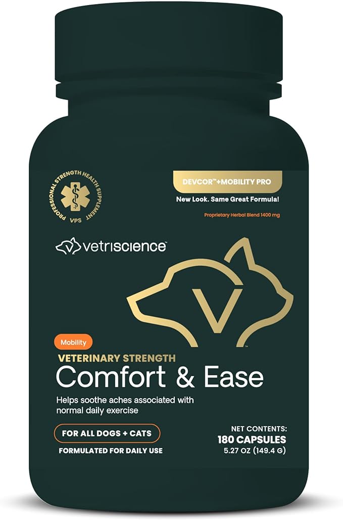 VETRISCIENCE Veterinary Strength Comfort & Ease Capsules - Mobility Supplement for Pets - Supports Aches from Normal Exercise - Joint Care for Dogs & Cats - 180 Count