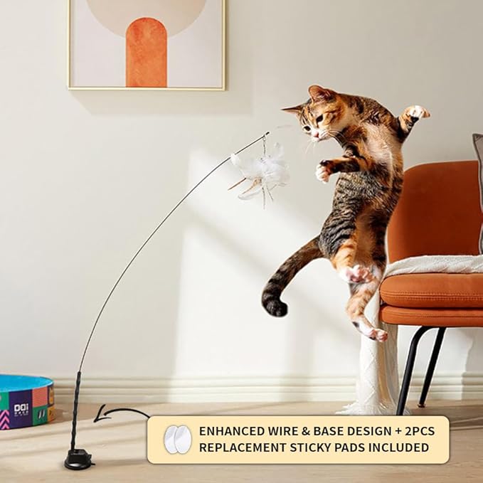 Leo's Paw The Original Interactive Bird Simulation Cat Toy Set Realistic Colorful Feathers Bells Wand Self-Holding Suction Base Stimulating Real-Life Flying Bird Impression Hunting Play (w. 5 Birds)