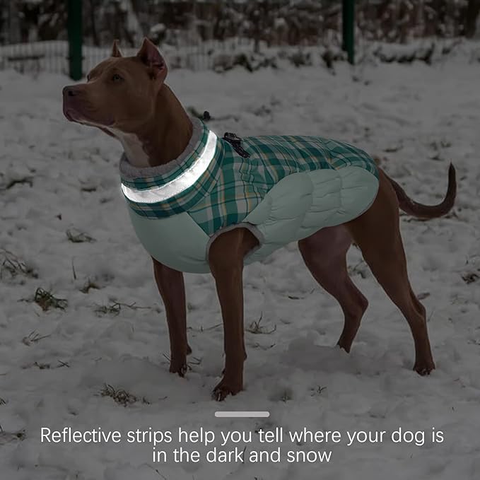 FUAMEY Dog Coat for Small Dogs,Waterproof Dog Winter Jacket with Harness Built in Puppy Cold Weather Coats Reflective Pet Vest with Zipper Warm Fleece Dogs Snowsuit Windproof Green Plaid XS