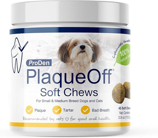 ProDen PlaqueOff Soft Chews with Organic Kelp - for Small & Medium Breed Dogs & Cats - Supports Normal, Healthy Teeth, Gums, and Breath Odor in Dogs & Cats - 45 Soft Chews