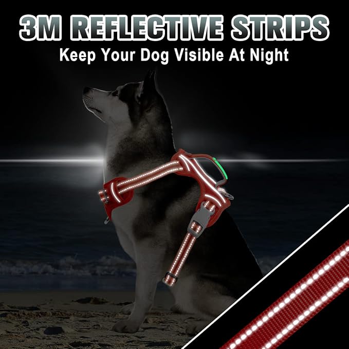 BARKBAY No Pull Dog Harness Large Reflective Dog Harness with Front Clip and Easy Control Handle for Walking Training Running with ID tag Pocket(Red,M)
