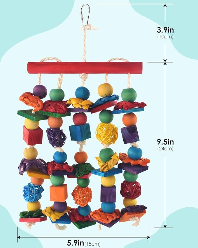 Bird Toys, 3PCS Parrot Foraging Hanging Toy, Multicolored Natural Wooden Blocks Parakeet Chewing Toys mit Rattan Wicker Balls, for Medium Small Cockatoos Budgie Lovebird Cockatiel Conure