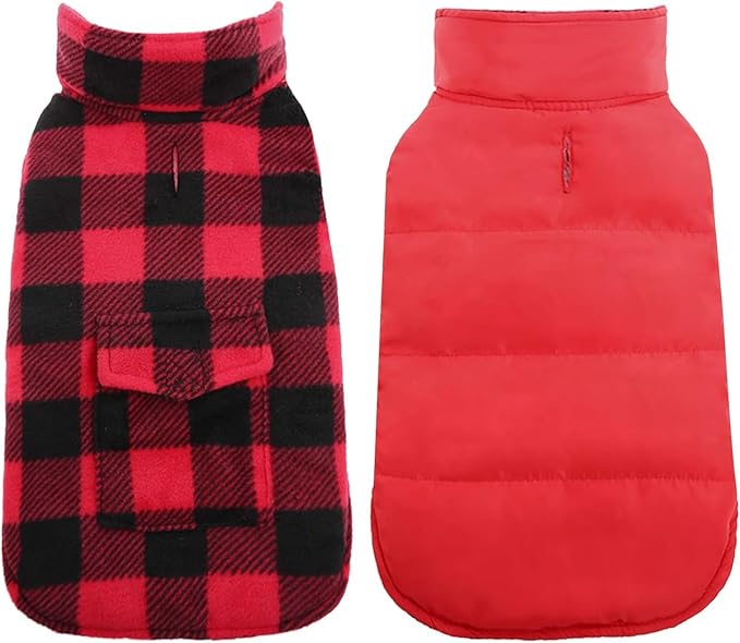 Kuoser Dog Winter Coat, Windproof Dog Fleece Jacket British Style Plaid Cold Weather Doggie Vest Coats, Reversible Cozy Warm Pet Clothes Apparel for Medium Dogs M