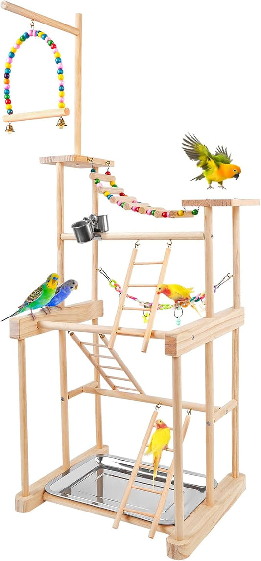Bird Playground 4 Layer, Parrot Playground Bird Play Stand for Parakeet Conure Cockatiel Lovebird Budgie, Parrot Playstand with Feeder Cups, Ladder, Chain Toy, Swing and Detachable Tray