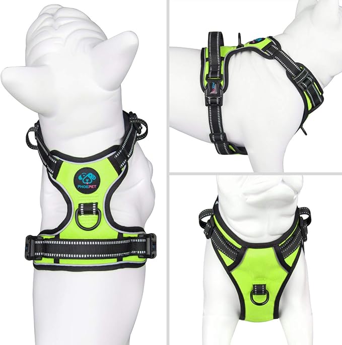 PHOEPET Reflective Dog Harness No Pull Large Breed Vest with 2 Metal Leash Attachment Hooks(L, Green)