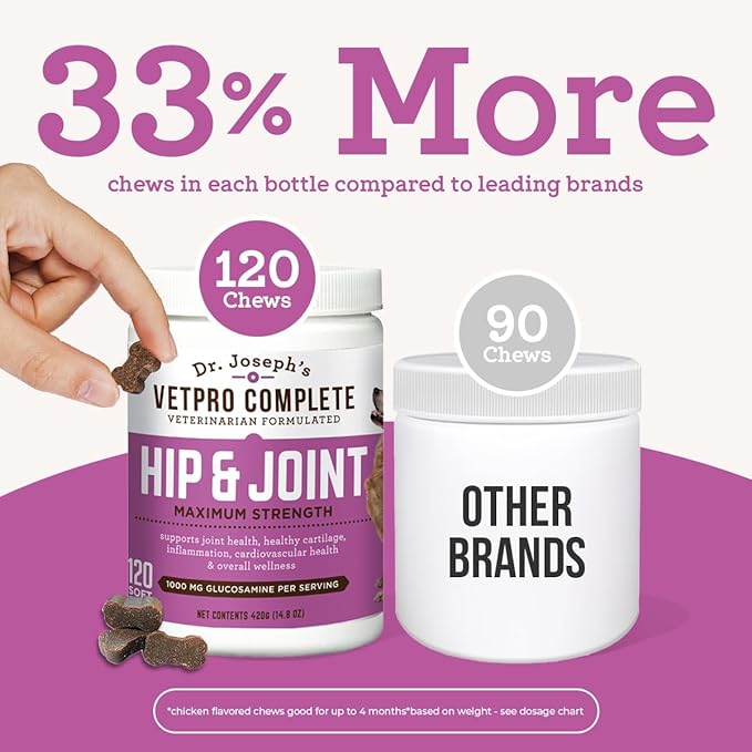 Dr. Joseph's VetPro Complete Dog Hip and Joint Supplement, 120 Count, Chicken Flavored Pain and Inflammation Relief Chews with Glucosamine, Chondroitin, MSM, Turmeric, Vitamin C, Omega 3