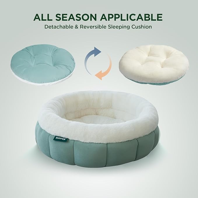 BALANCE Cat Beds for Indoor Cats, Washable Round Cat Bed, Cute Kitten Bed with Anti-Slip Bottom for Kitty and Puppy, 23 Inches, Granite Green