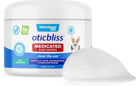 Vetnique Oticbliss Medicated Ear Wipes – Cat & Dog Ear Wipes with Hydrocortisone & Salicylic Acid for Cleaning & Odor Control – 50ct