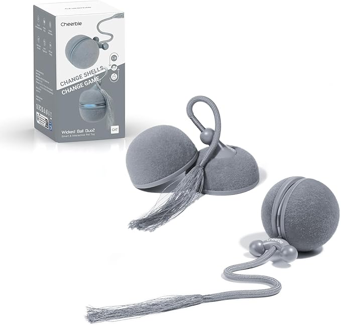 Cheerble 2 in 1 Interactive Cat Toys for Indoor Cats - Wicked Ball Duo2 Automatic Cat Toy, Dual Interchangeable Shells, Electric Cat Toy Ball with Chirping Sounds,Rechargeable Moving Kitten Toys, Blue