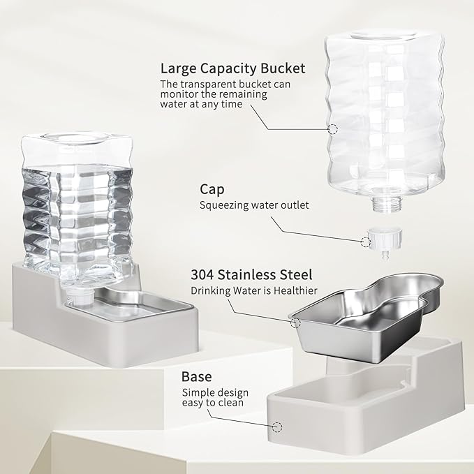 RIZZARI Stainless Steel Pet Water Feeder: 8L Automatic Leak-Proof Gravity Dispenser for Cats Dogs Indoor Outdoor Use（Beige Without Filter,8L）