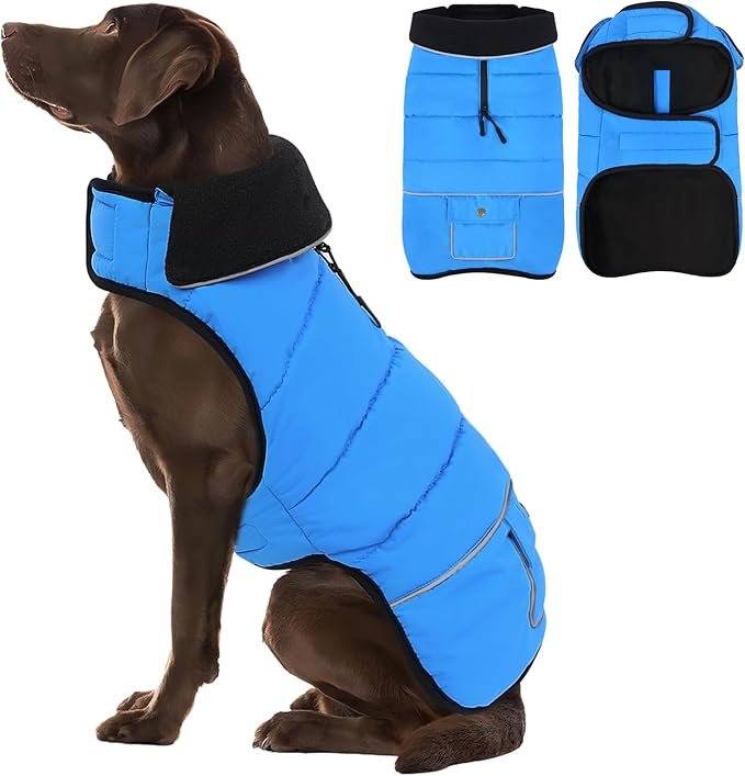 Dog Coat, Large Dog Jacket, Windproof Dogs Puffer Jacket, Fleece Lined Warm Dogs Winter Coat with Harness Hole(Blue 3XL)