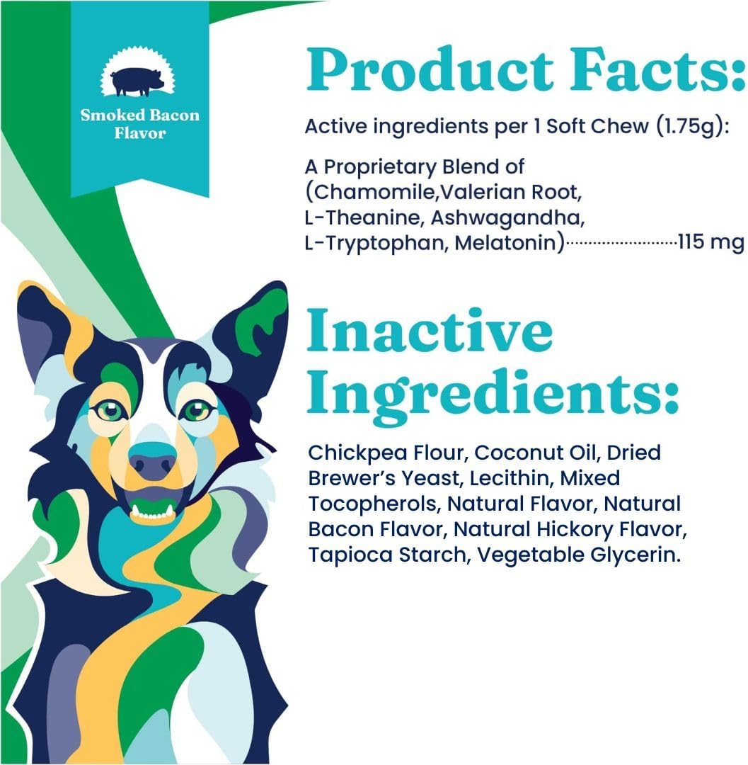 Solid Gold Calming Chews for Dogs - Dog Calming Chews W/Melatonin for Separation, Stress & Hyperactivity Relief - Supports Relaxation for Travel, Fireworks & Storms - All Ages & Sizes - Bacon - 60ct
