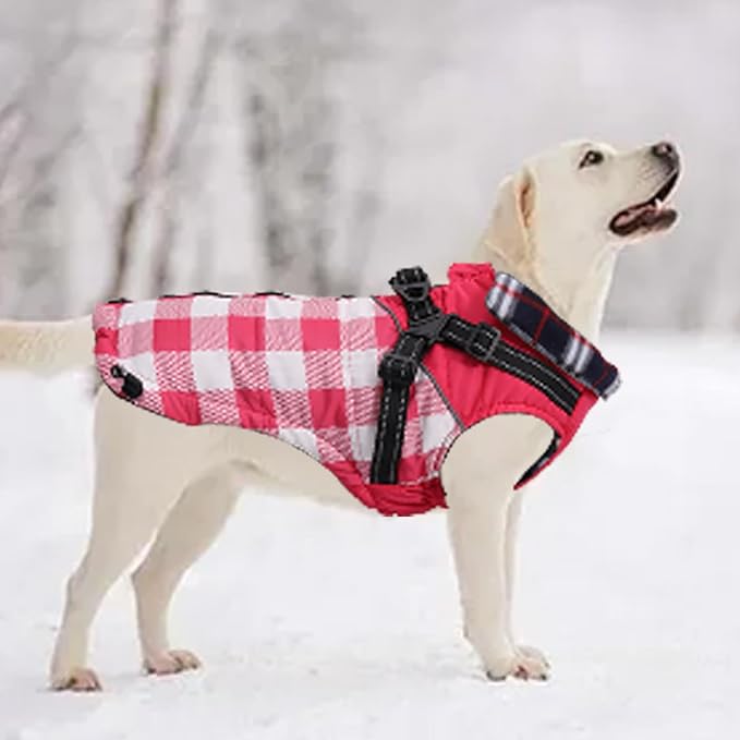 Dog Coat with Harness,Small Dog Winter Coat,Doggie Jackets with Built in Harness,Adjustable Warm Jacket for Medium Large Dogs,Pet Puppy Cold Weather Coats for Dogs Waterproof (PlaidPink, Large)