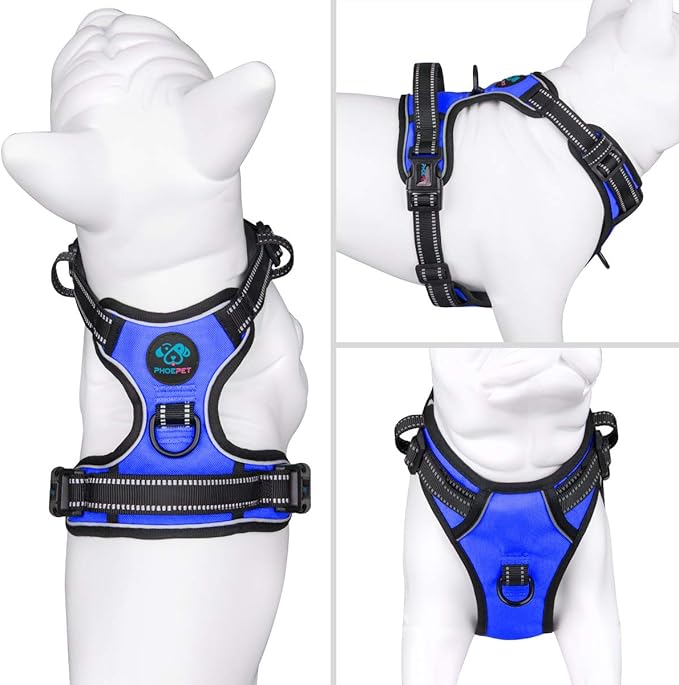 PHOEPET No Pull Dog Harnesses for Small Puppies Reflective Adjustable Front Clip Vest with 2 Metal Leash Attachment Hooks Soft Handle [Over The Head Design](M, Royal Blue)