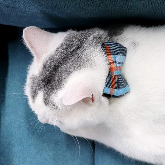Joytale Upgraded Cat Collar with Bells, Breakaway Cat Collars with Bow Tie, 2 Pack Girl Boy Safety Plaid Kitten Collars, Haze Blue+Teal