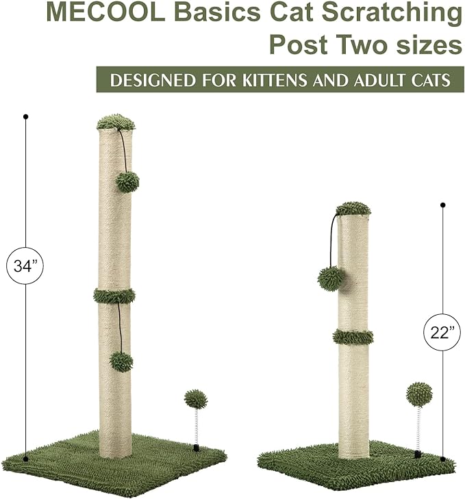 MECOOL 34“ Tall Cat Scratching Post Premium Basics Kitten Scratcher Sisal Scratch Posts Trees with Hanging Ball for Indoor Cats (34 inches for Adult Cats, Cactus Green)