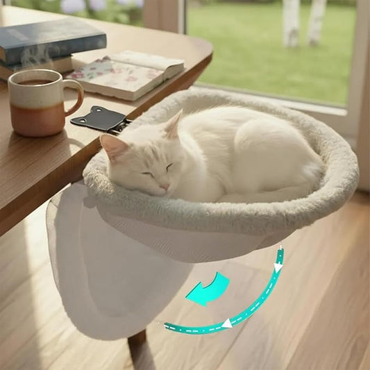 Foldable Cat Bed for Desks - One-Click Folding & Space-Saving Semi-Circle Design, Plush Faux Rabbit Fur with Sunken Cave, Holds 40lb/18kg Cats - Perfect for Office/Gaming Desks (Gray)